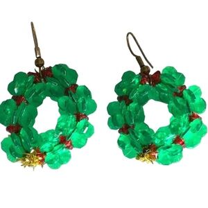 Vintage Christmas Bright Green Wreath Earrings, Red & Gold Ornaments, Handmade